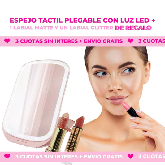 3X1 EN BELLEZA: ESPEJO TACTIL PLEGABLE CON LUZ LED Y 1 LABIAL MATE + 1 LABIAL GLITTER DE REGALO